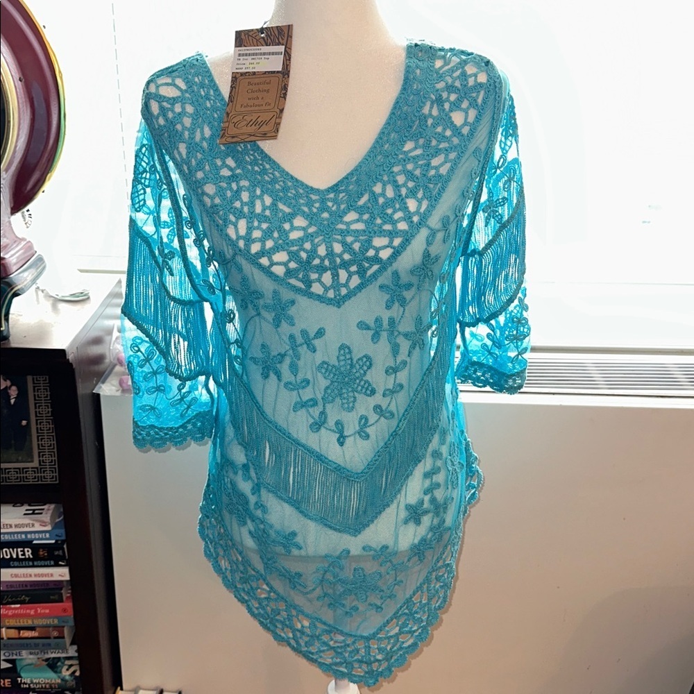 Ethyl turquoise lace cover up top